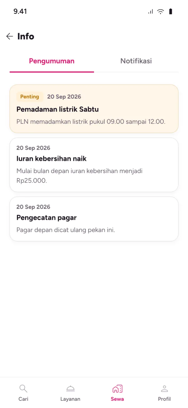 Layar Info dan pengumuman di aplikasi penghuni