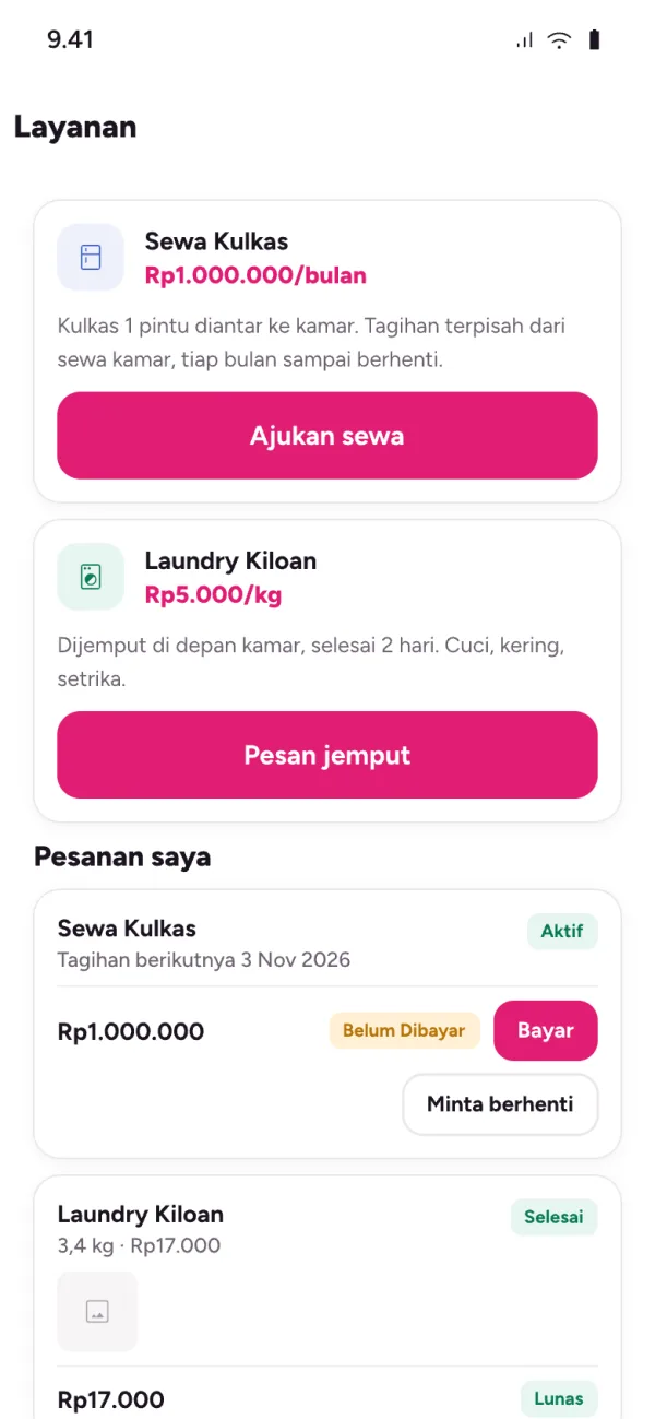 Layar Layanan di aplikasi penghuni