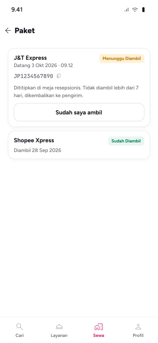 Layar Paket di aplikasi penghuni