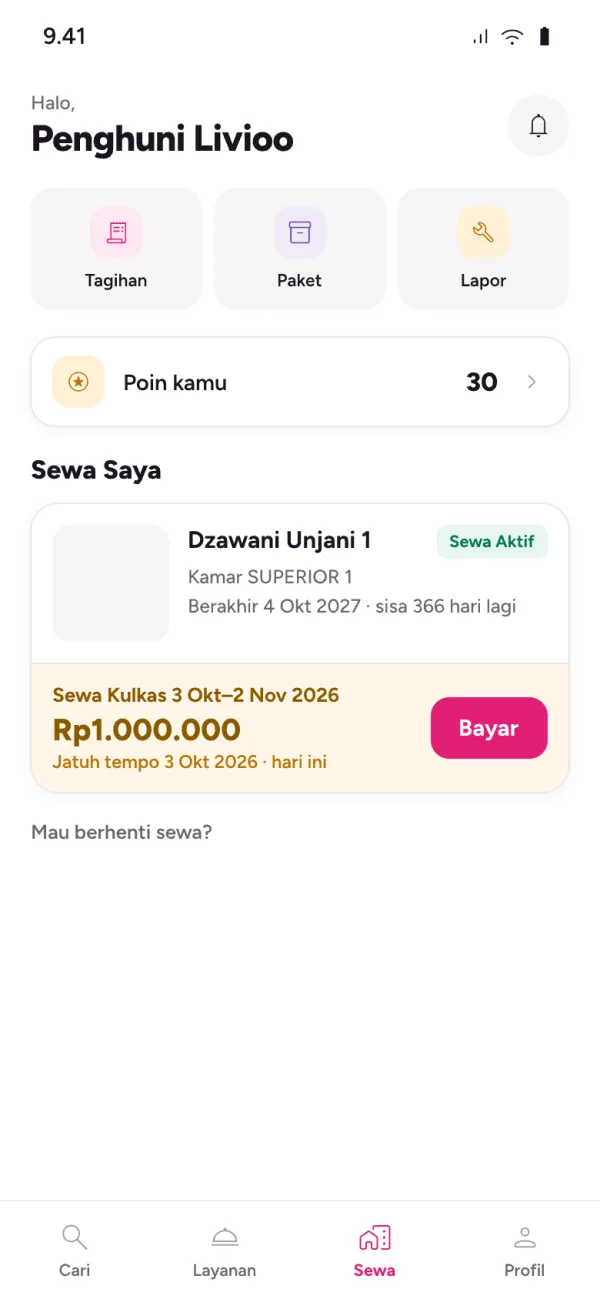 Layar Sewa Saya di aplikasi penghuni