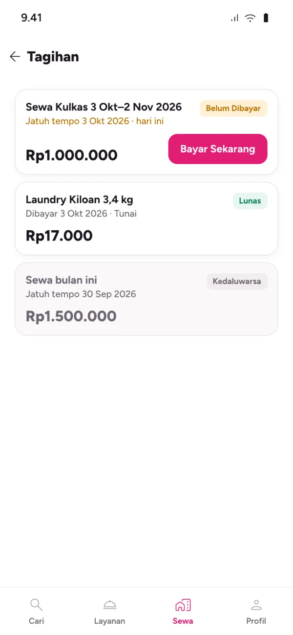 Layar Tagihan di aplikasi penghuni